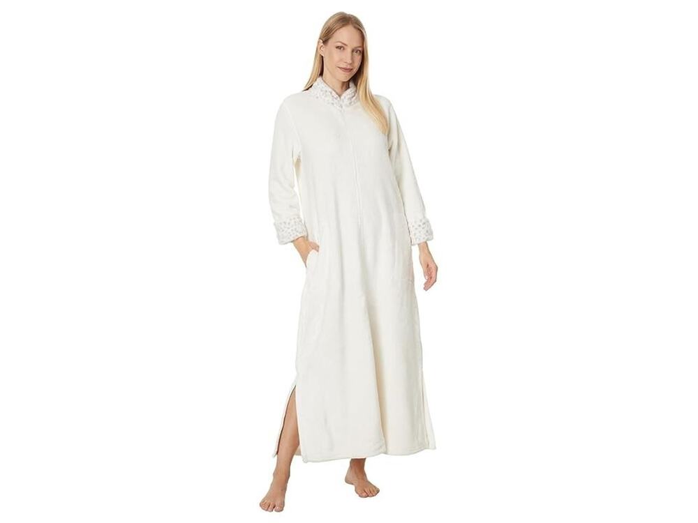 N NATORI Large Robe Plush Lynx Mandarin Full Zip Fleece Lounger White Geo Trim